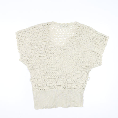 De Paris Women's Beige Open-Knit Wool Blend Short Sleeve Jumper S
