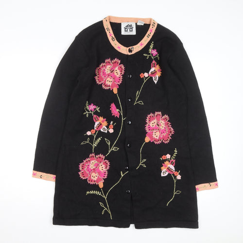 Storybook Knits Womens Black Floral Embroidered Cardigan Size M