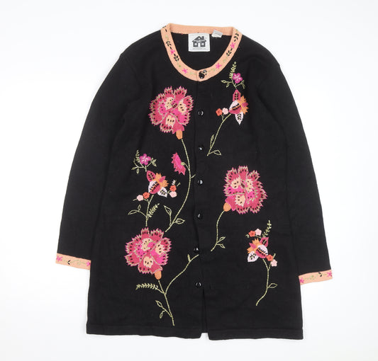 Storybook Knits Womens Black Floral Embroidered Cardigan Size M
