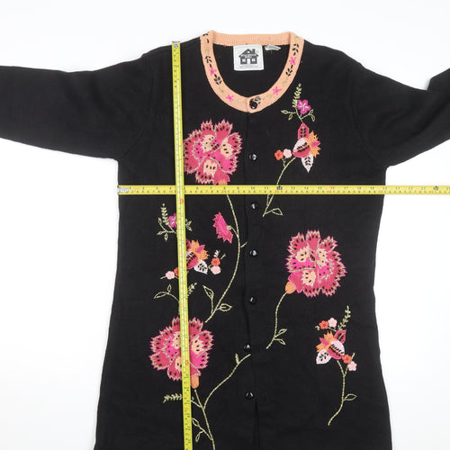 Storybook Knits Womens Black Floral Embroidered Cardigan Size M