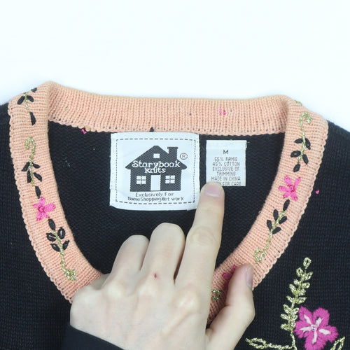 Storybook Knits Womens Black Floral Embroidered Cardigan Size M