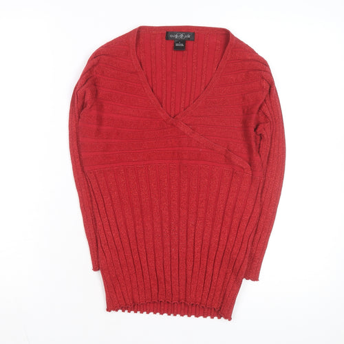 August Silk Women Red Ribbed Wrap V-Neck Knit Top Size L