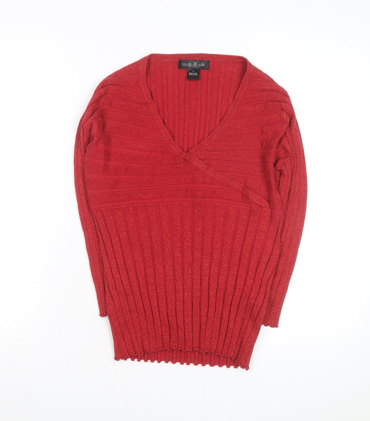 August Silk Women Red Ribbed Wrap V-Neck Knit Top Size L