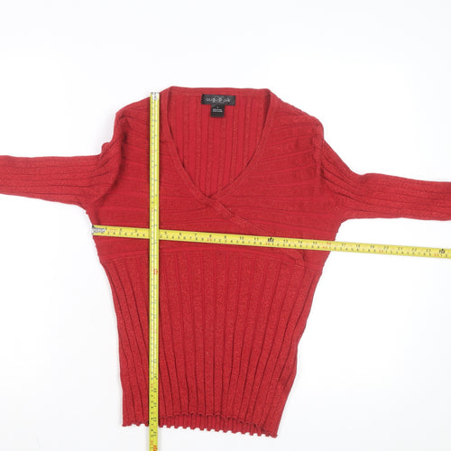 August Silk Women Red Ribbed Wrap V-Neck Knit Top Size L