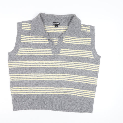 Boohoo Women’s Grey Striped Collared Sleeveless Knit Vest L