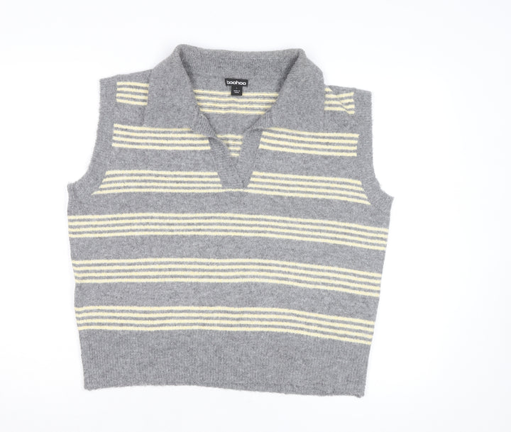 Boohoo Women’s Grey Striped Collared Sleeveless Knit Vest L