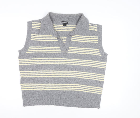 Boohoo Women’s Grey Striped Collared Sleeveless Knit Vest L