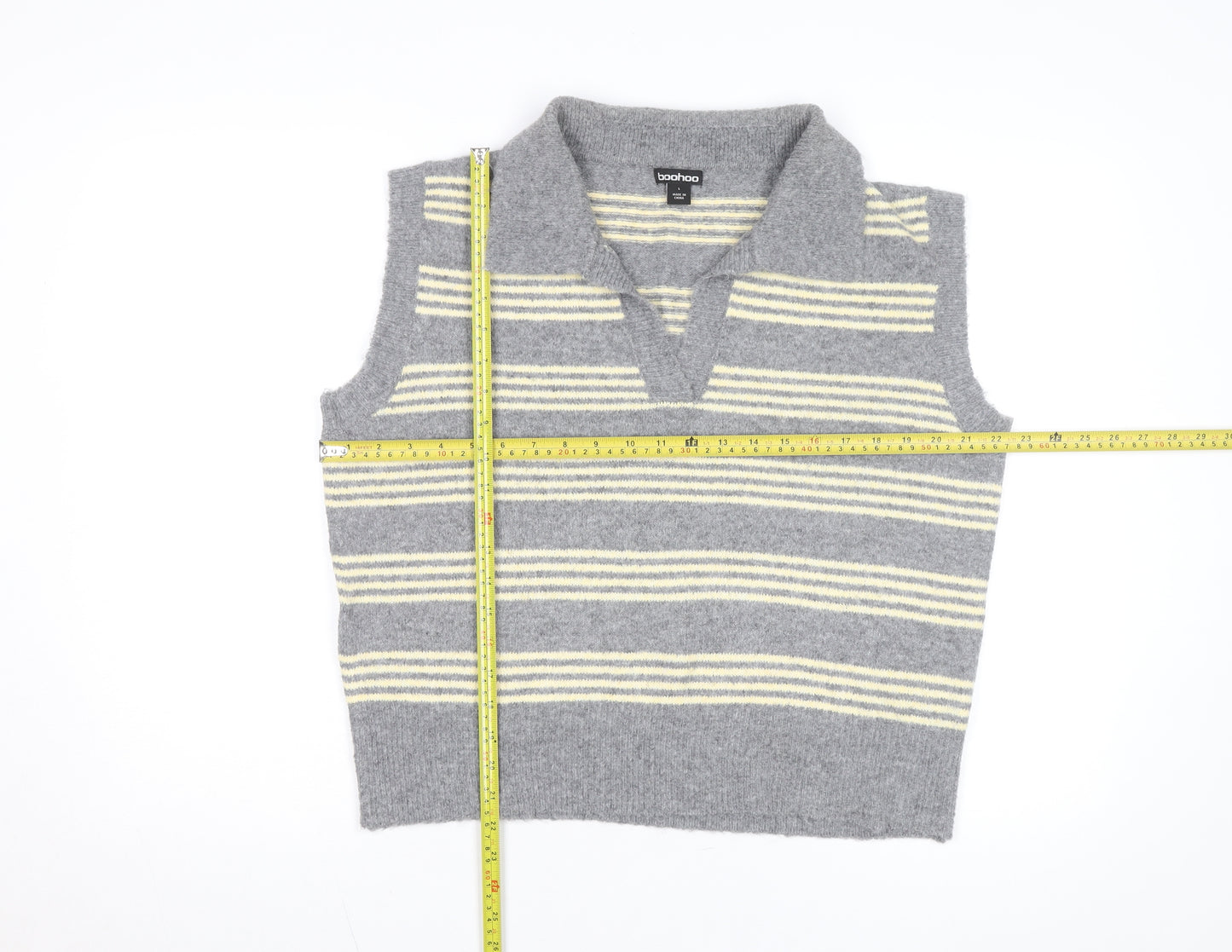 Boohoo Women’s Grey Striped Collared Sleeveless Knit Vest L