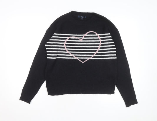 Next Women’s Black Heart Stripe Crew Neck Knit Jumper Size 8
