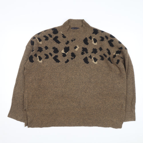Marks and Spencer Women Brown Leopard Print Wool Blend Mock Neck Jumper XL