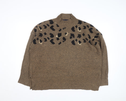 Marks and Spencer Women Brown Leopard Print Wool Blend Mock Neck Jumper XL
