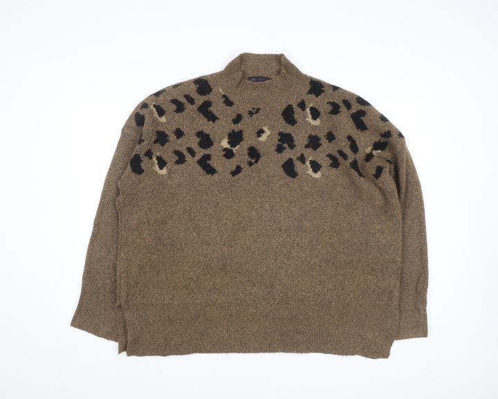 Marks and Spencer Women Brown Leopard Print Wool Blend Mock Neck Jumper XL