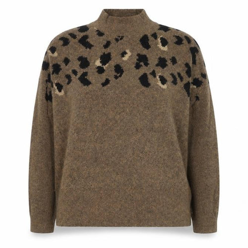 Marks and Spencer Women Brown Leopard Print Wool Blend Mock Neck Jumper XL