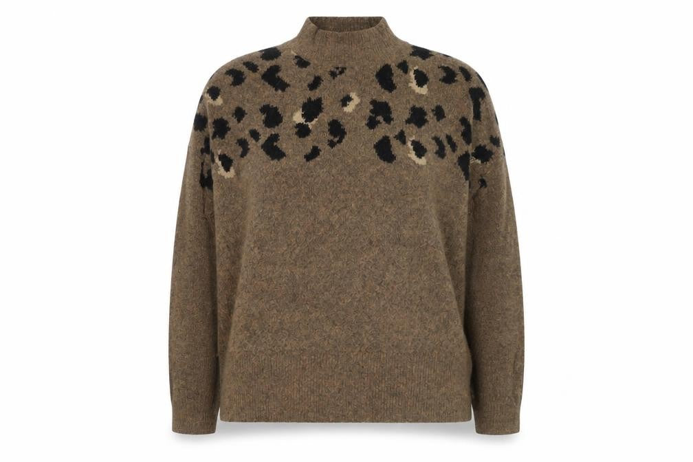 Marks and Spencer Women Brown Leopard Print Wool Blend Mock Neck Jumper XL