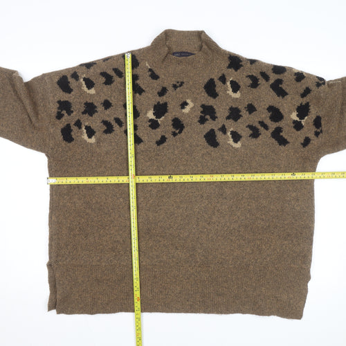 Marks and Spencer Women Brown Leopard Print Wool Blend Mock Neck Jumper XL