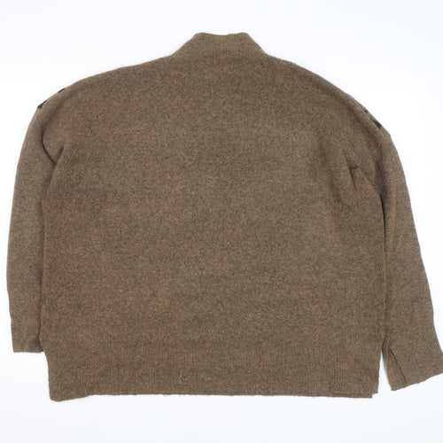 Marks and Spencer Women Brown Leopard Print Wool Blend Mock Neck Jumper XL