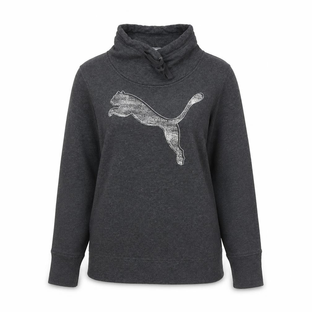 Front view of Puma women’s dark grey cowl neck pullover sweatshirt, size UK 12