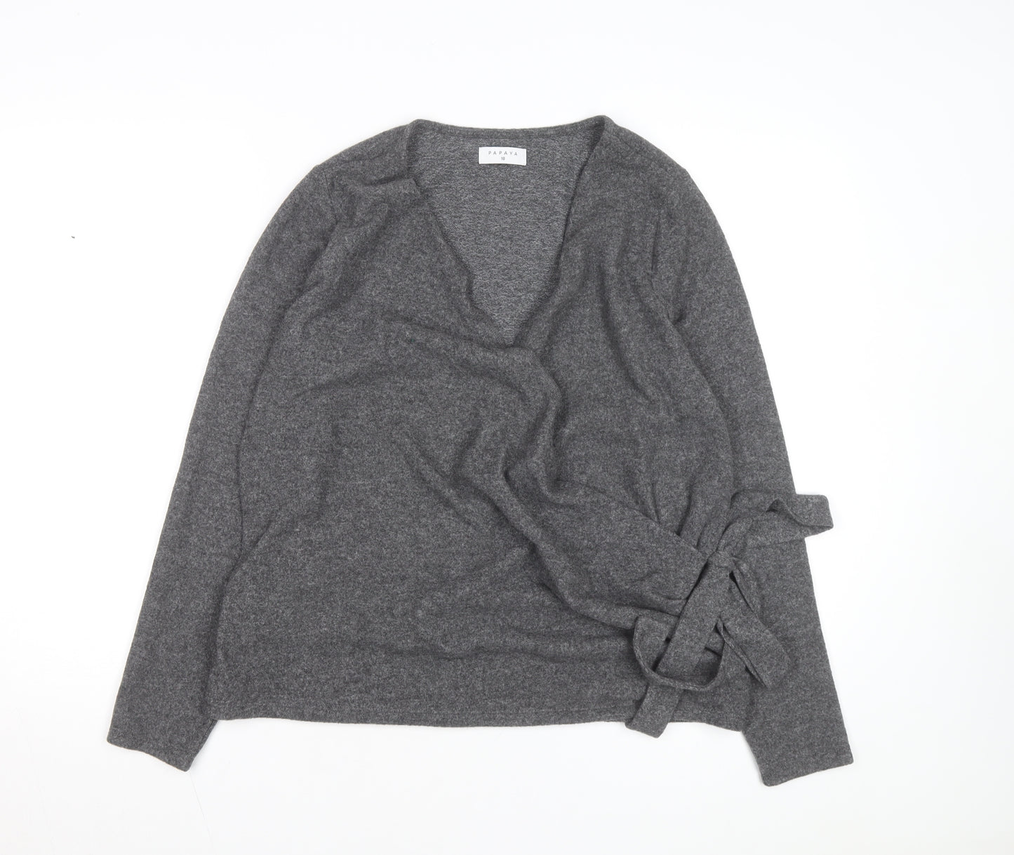 Papaya Women's Grey Wrap Knit Jumper Size 18 V-Neck Long Sleeve