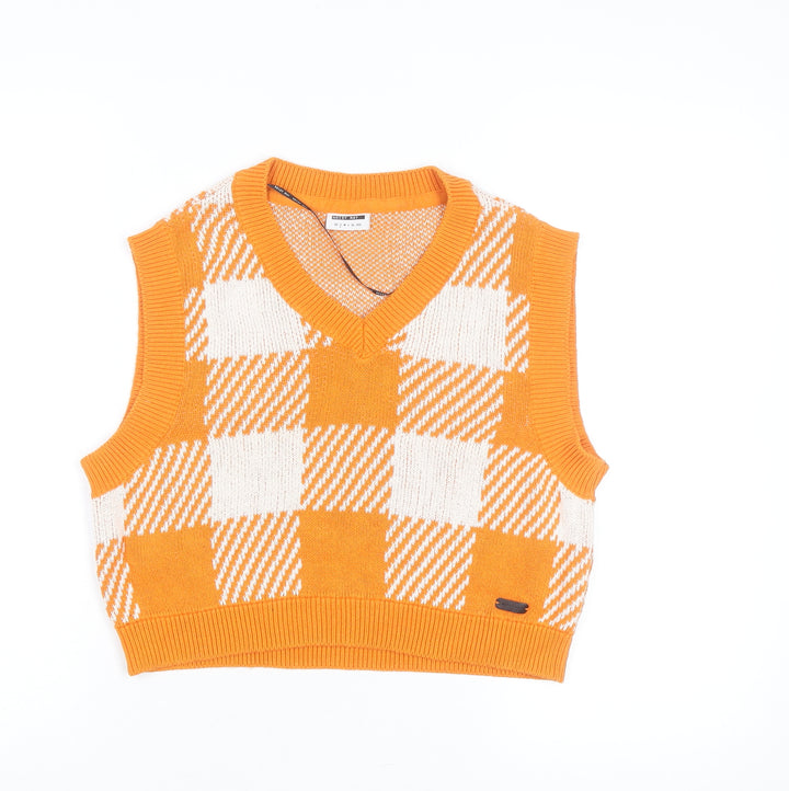 Noisy May Women's Orange Check Knit Sleeveless V-Neck Vest Size S