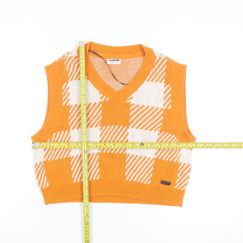 Noisy May Women's Orange Check Knit Sleeveless V-Neck Vest Size S