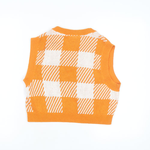 Noisy May Women's Orange Check Knit Sleeveless V-Neck Vest Size S