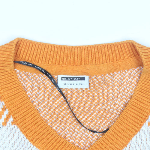 Noisy May Women's Orange Check Knit Sleeveless V-Neck Vest Size S