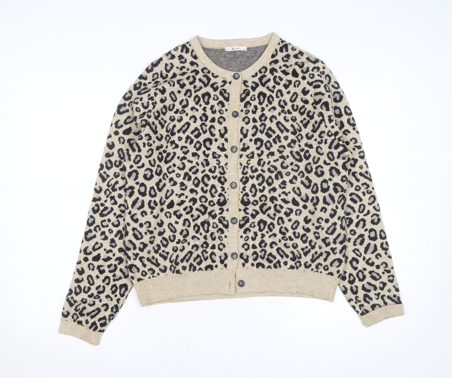 Tu Women Beige Leopard Print Long Sleeve Cardigan Size 14