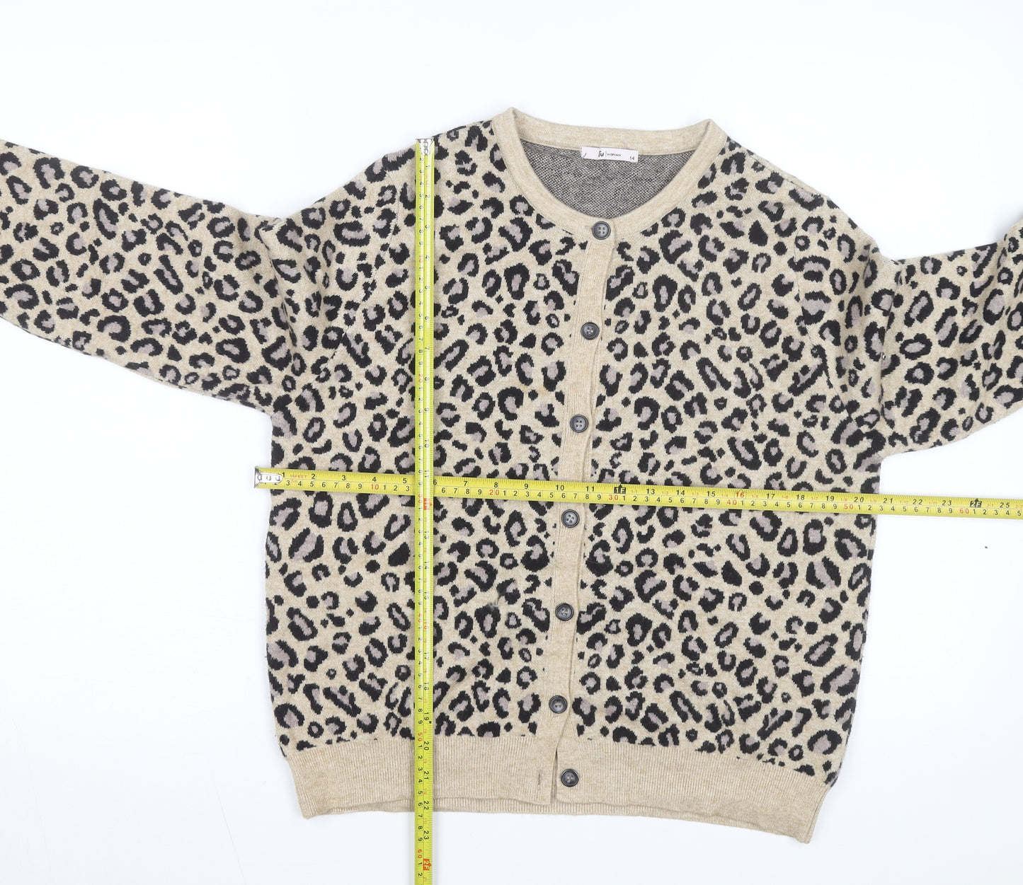 Tu Women Beige Leopard Print Long Sleeve Cardigan Size 14