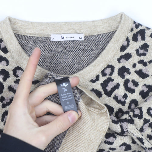Tu Women Beige Leopard Print Long Sleeve Cardigan Size 14