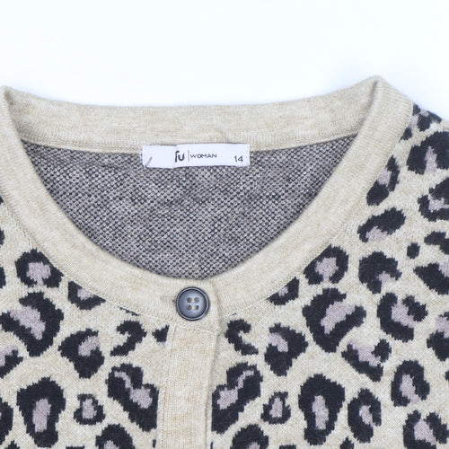 Tu Women Beige Leopard Print Long Sleeve Cardigan Size 14