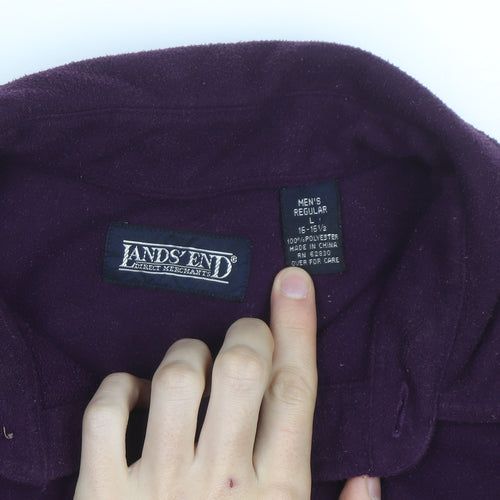 Lands' End Men's Purple Fleece Button-Up Shirt Long Sleeve L Regular