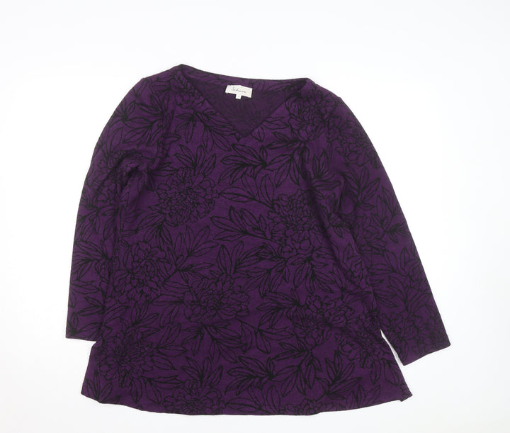 Sahara Women Purple Floral Wool Viscose V-Neck Long Sleeve Jumper L