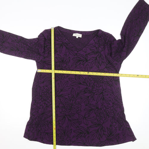 Sahara Women Purple Floral Wool Viscose V-Neck Long Sleeve Jumper L