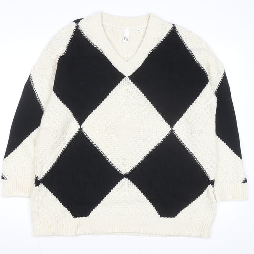 AND/OR Women's Black & Cream Argyle V-Neck Knit Jumper Size M