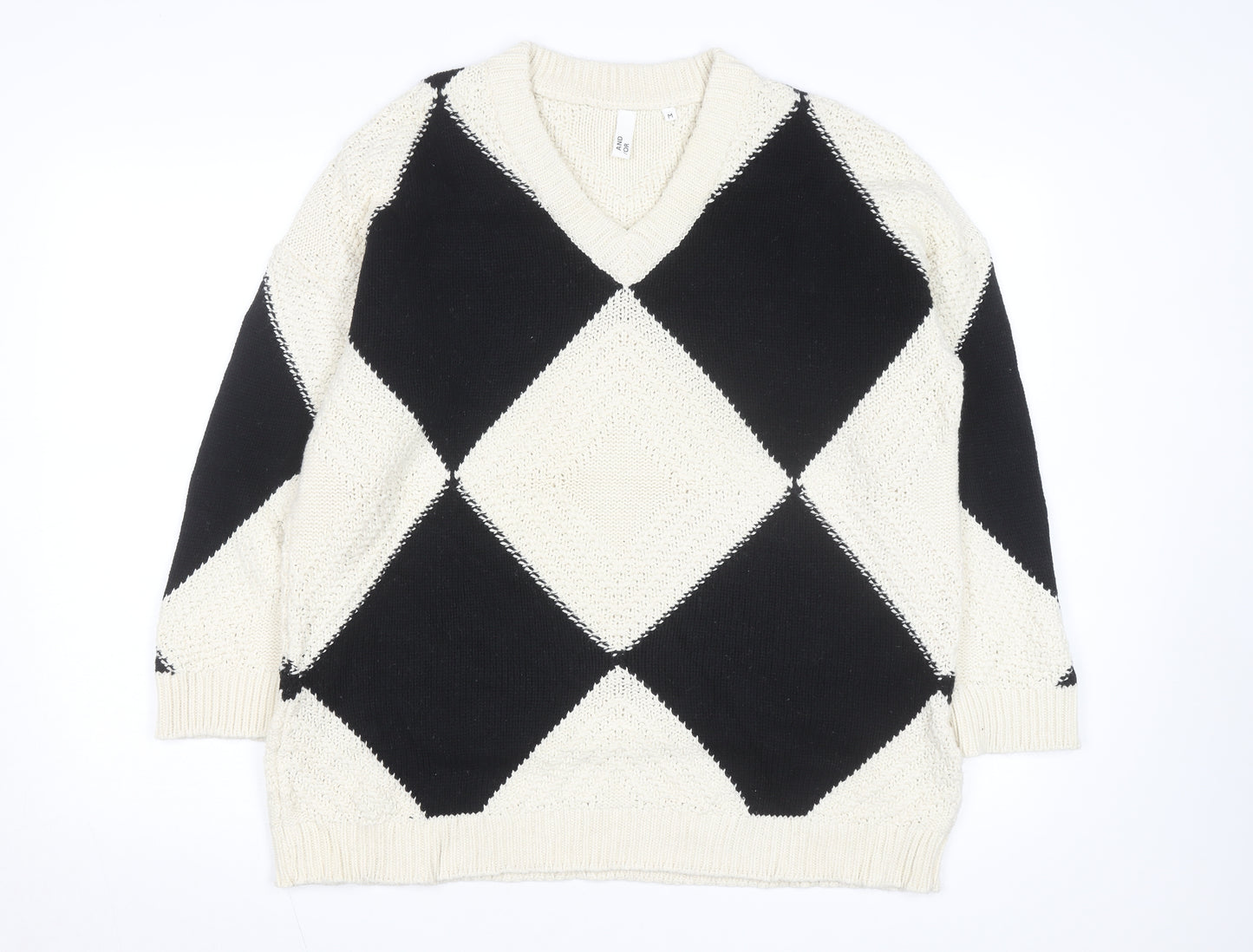 AND/OR Women's Black & Cream Argyle V-Neck Knit Jumper Size M