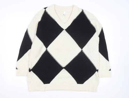AND/OR Women's Black & Cream Argyle V-Neck Knit Jumper Size M
