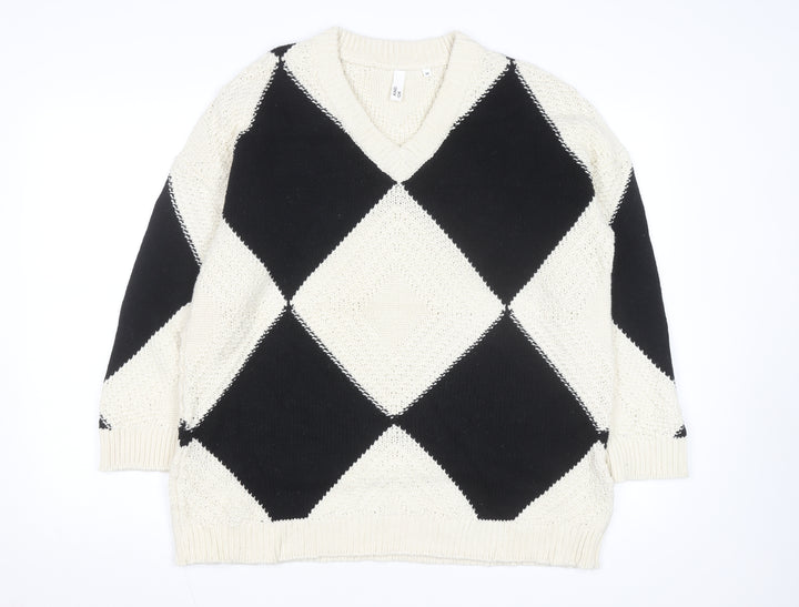 AND/OR Women's Black & Cream Argyle V-Neck Knit Jumper Size M