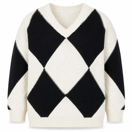 AND/OR Women's Black & Cream Argyle V-Neck Knit Jumper Size M
