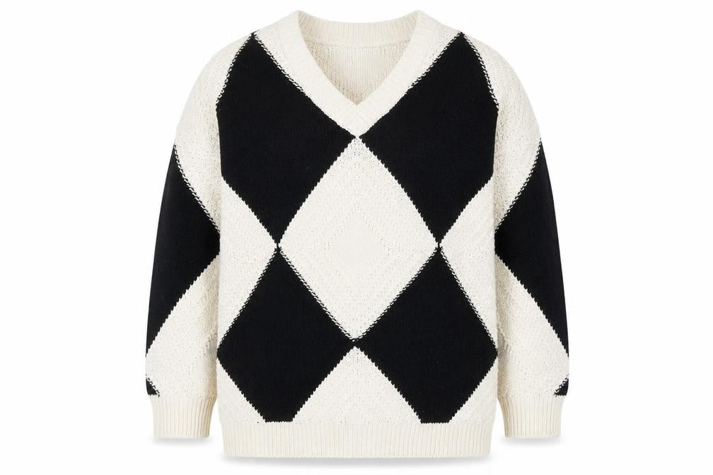 AND/OR Women's Black & Cream Argyle V-Neck Knit Jumper Size M