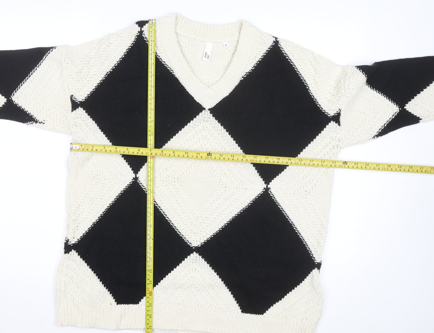 AND/OR Women's Black & Cream Argyle V-Neck Knit Jumper Size M