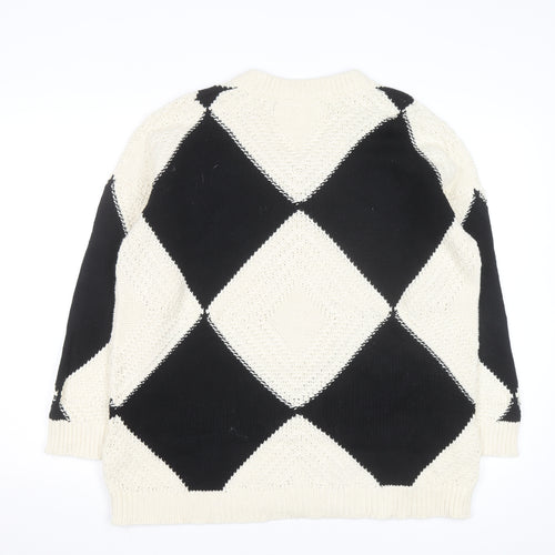 AND/OR Women's Black & Cream Argyle V-Neck Knit Jumper Size M