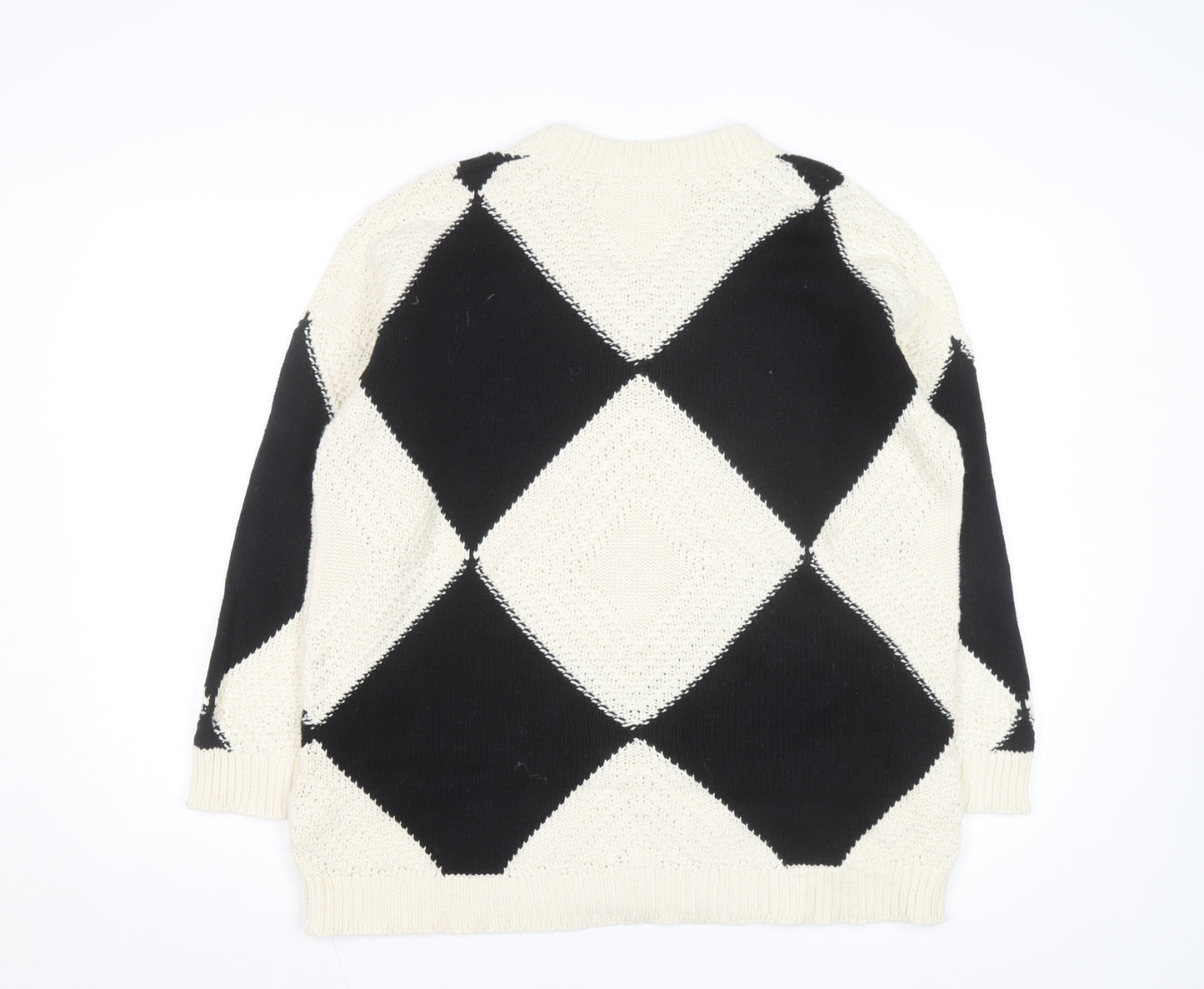 AND/OR Women's Black & Cream Argyle V-Neck Knit Jumper Size M
