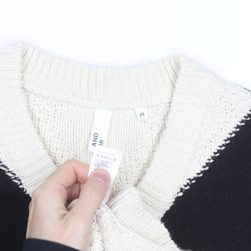 AND/OR Women's Black & Cream Argyle V-Neck Knit Jumper Size M