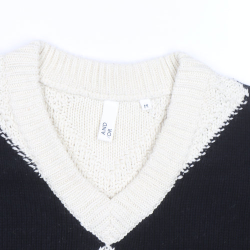 AND/OR Women's Black & Cream Argyle V-Neck Knit Jumper Size M