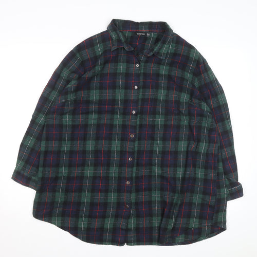 Boohoo Womens Green Check Flannel Button-Up Shirt Size 14