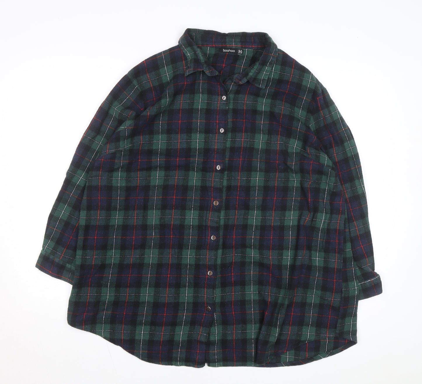 Boohoo Womens Green Check Flannel Button-Up Shirt Size 14