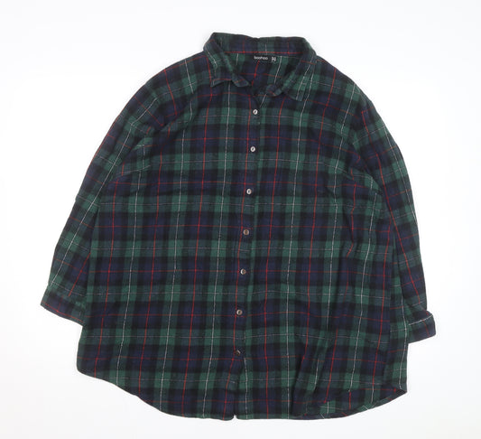 Boohoo Womens Green Check Flannel Button-Up Shirt Size 14