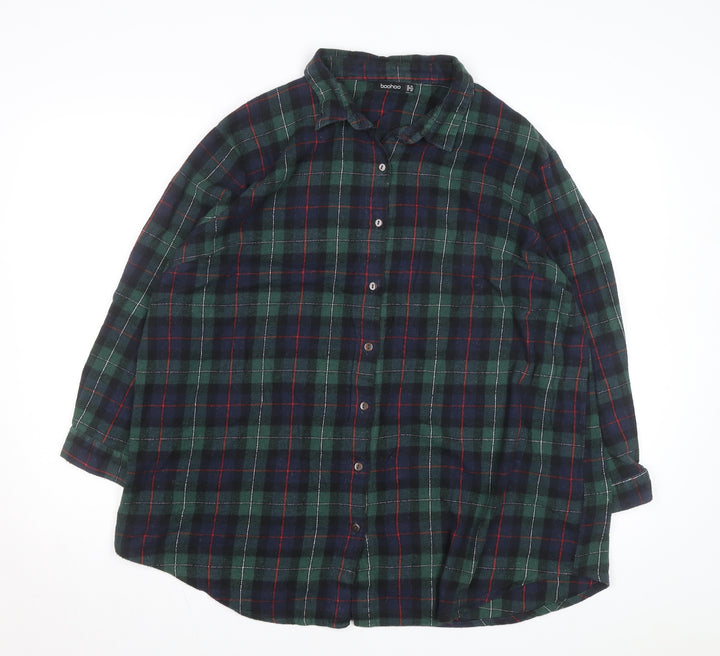 Boohoo Womens Green Check Flannel Button-Up Shirt Size 14