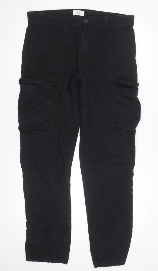 Easy Mens Black Slim Fit Cargo Trousers 34L Cotton Casual