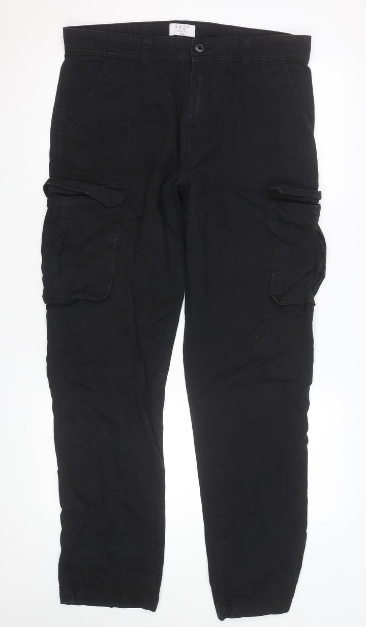 Easy Mens Black Slim Fit Cargo Trousers 34L Cotton Casual